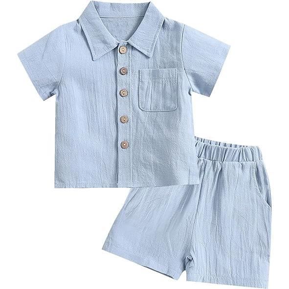 Ensemble Haut Et Short Bébé Garçon - Coton Et Lin, Col Montant, Couleur Unie, Idéal été, Mariage Ou Sortie Décontractée