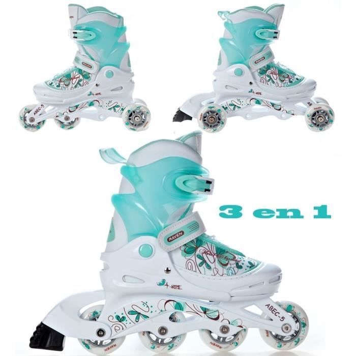 RAVEN Laguna - Roller en ligne ajustable fille et femme - Blanc/Menthe - Pointure 26 à 29 - Version 3 en 1