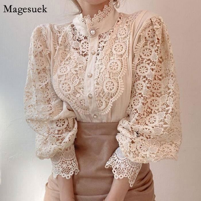 Chemise Chemisier Vintage en dentelle blanc solide pour femmes chemise ample a boutons coreens hauts creux Apricot C62 Blanc Cdiscount Pret a Porter