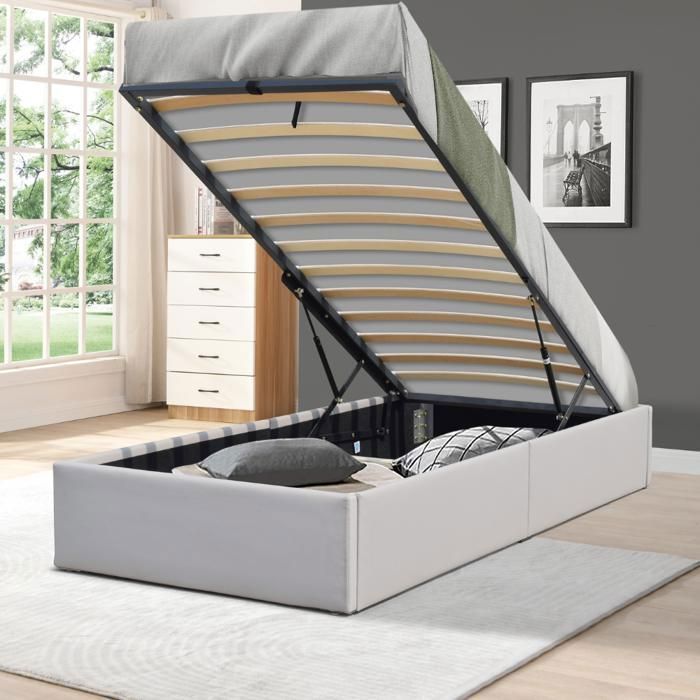 Lit Coffre LORIS 90x200 gris Sommier inclus 12 lattes MDF montage rapide Lit Coffre LORIS 90x200 gris Sommier inclus 12 lattes MDF montage rapide