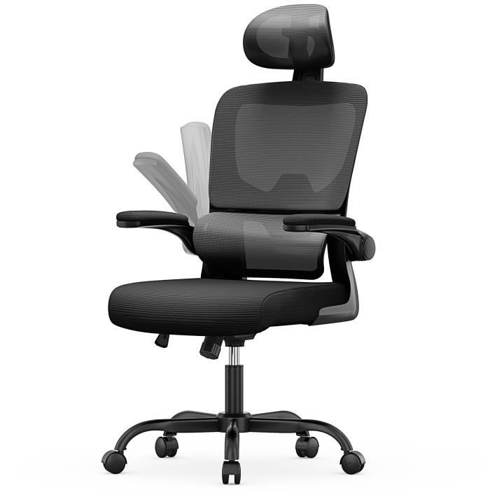 Chaise de Bureau Ergonomique - Fauteuil avec accoudoir rabattable à 90° -  Support Lombaire Adaptatif - Réglable en hauteur