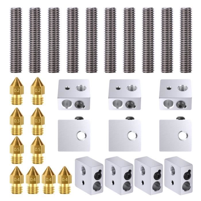 Kit Pièces De Rechange Pour Imprimante 3D MK8 - 4 Buses Laiton 0.4mm, 4 Tubes PTFE, 4 Blocs Chauffants | Compatible Anet A8, Makerbot Et Autres