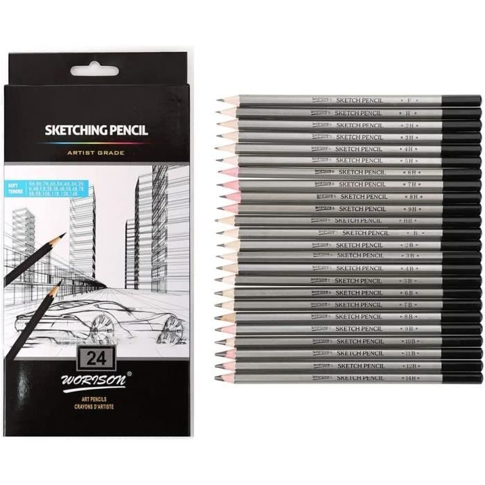 Crayon graphite, 24pcs crayon graphite dessin ensemble crayon noir