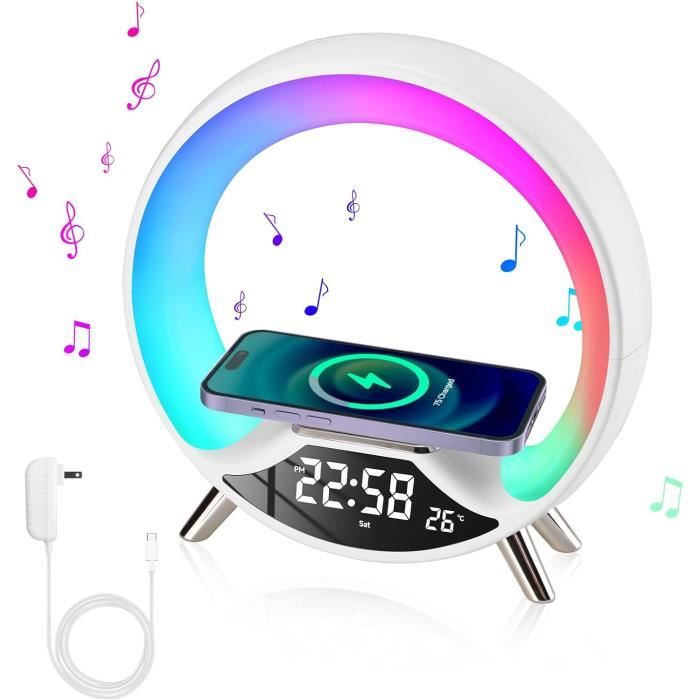 Réveil Simulateur D'aube Avec Lumière D'ambiance RGB, Chargeur Sans Fil 10W, Enceinte Bluetooth Et Bruits Blancs - Lampe De Chevet Multifonction