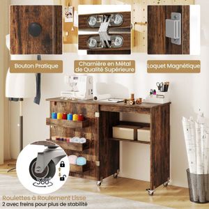 Table De Couture Pliante DREAMADE - Bois Blanc Avec Roulettes - 3 Étagères - Bureau Et Rangement Machine à Coudre