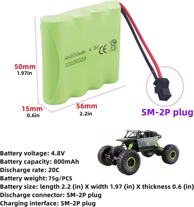 Lot De 2 Batteries Li-ion 7,4V 500mAh SM-4P Pour RC DE85, XS-1S, HM202 – Avec Câble USB