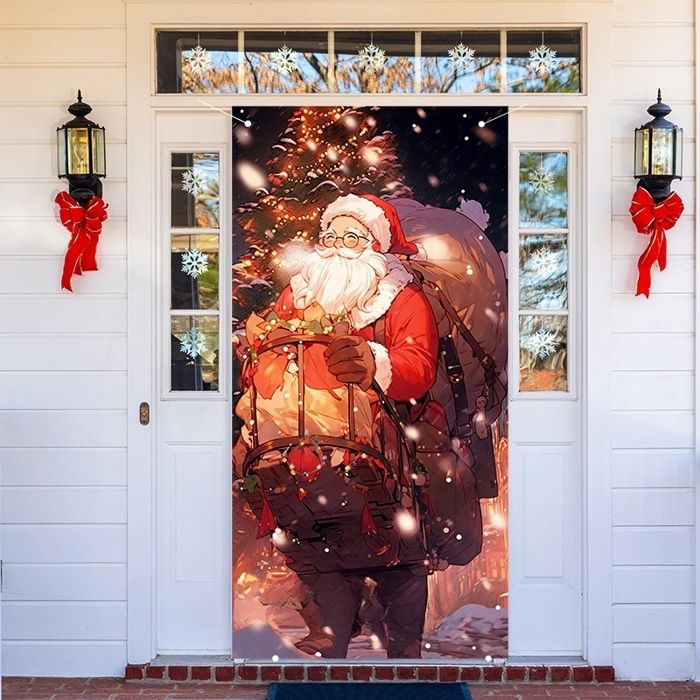 Couverture de Porte de Père Noël, Décoration de Bannière de Porte de Noël pour Vacances Hiver Porte d'Entrée Maison - Maison