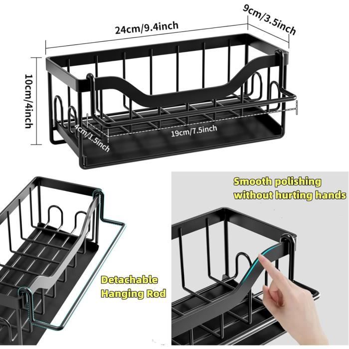 Porte-éponge D'évier En Acier Inoxydable Noir CMOISO - 3 Compartiments Sur Pied