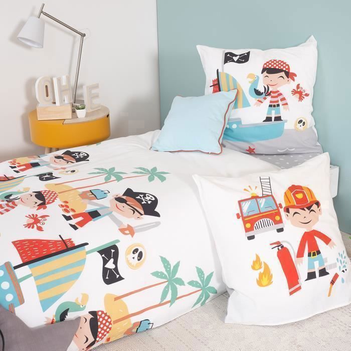 Parure De Lit Enfant Réversible Pompier & Pirate 140x200 Cm – 100% Coton Bio GOTS, Housse De Couette + Taie 63x63 Cm – Doux, Écologique & Fun !