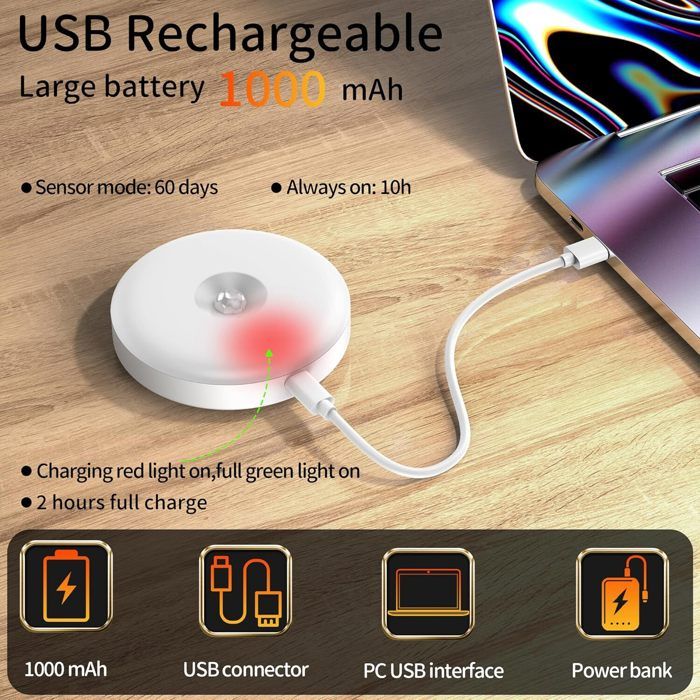 Lot De 2 Lampes Rechargeables à Détecteur De Mouvement - 2000mAh, Magnétiques, 6500K, Pour Placard, Escalier