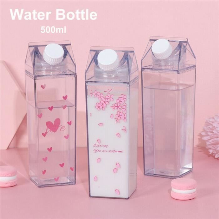 Carton de lait bouteille d'eau bouteilles de lait carrées transparentes  tasse étanche en plastique + pailles + autocollants (bouteille  transparente)