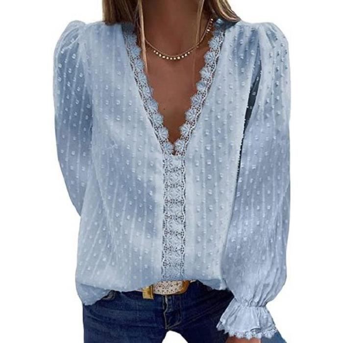 Chemisier Blouse Femme Col en V uni mousseline de soie brodee de