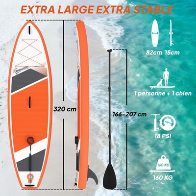 Outsunny SUP Gonflable 320x82cm – Planche Stable 160kg Avec Pagaie, Pompe, Leash Et Sac – Idéal Débutant Et Famille