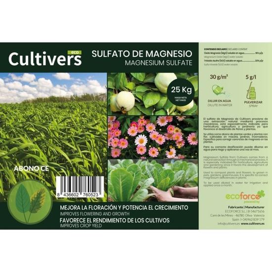 CULTIVERS Sulfate de Magnésium 25 kg Engrais Universel 100% Naturel  Favorise la Croissance des Cultures, des Jardins et des Plantes d'Intérieur