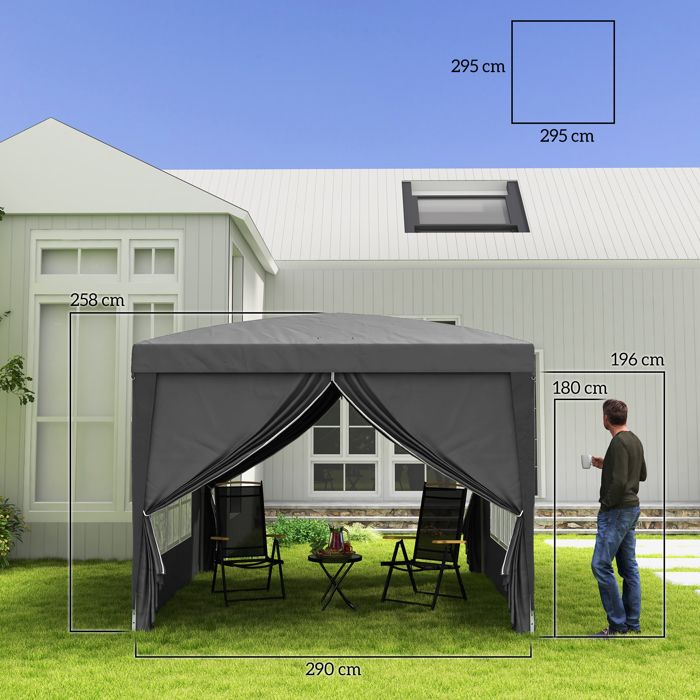 Outsunny Partyzelt Laube – 3x3 M, Pop-up, Mit 4 Abnehmbaren Wänden & Tragetasche
