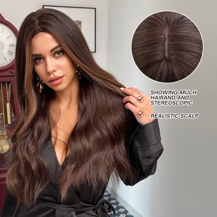 Perruque Longue Synthétique Brune Châtain, Ondulée Avec Frange — Neuf Sans étiquettes + 4 Bonnets