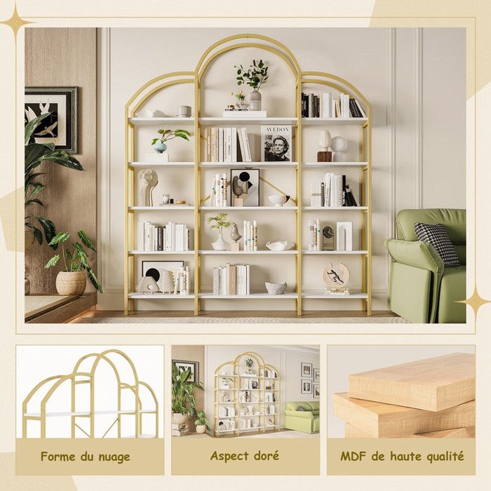 Étagère Nuage 5 Niveaux 190cm - Métal Doré Et Panneaux Blancs - Rangement Salon, Bureau - Zubaliya