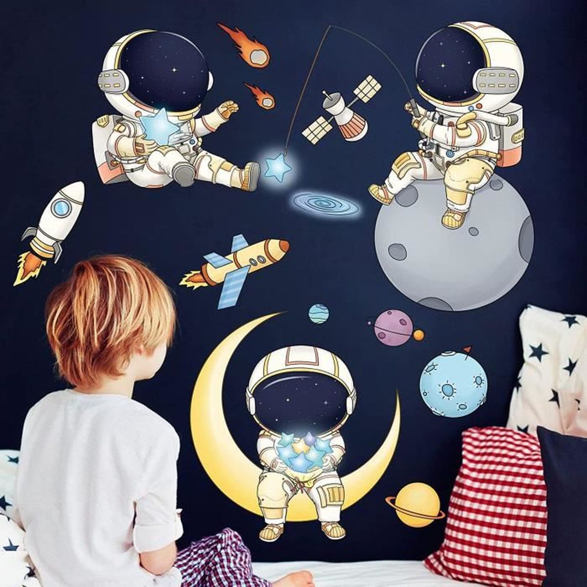 Stickers Muraux Enfants Autocollant Mural Bebe Garcon Fille Chambre Decoration Astronaute Espace Planete Fusee Lune Stickers Murau Cdiscount Maison