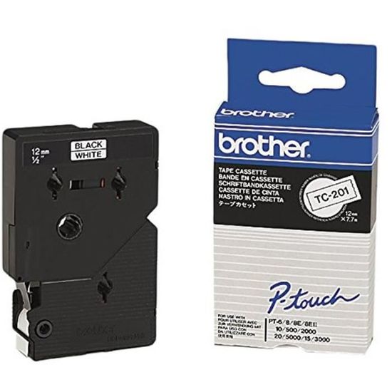 Ruban étiqueteuse Brother P-Touch TC-201 - 12mm - Noir sur Blanc - Compatible avec PT-15, PT-20, PT-6
