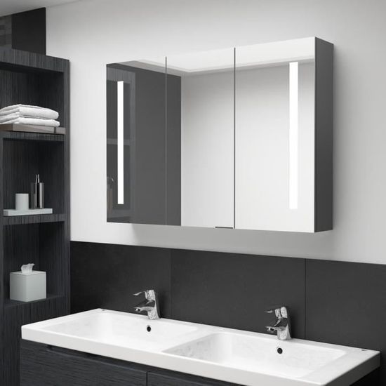 1603Home chic•Armoire de salle de bain à miroir LED,Meuble à Miroir Murale Armoire de Toilettes 89x14x62 cm Gris Tout Neuf