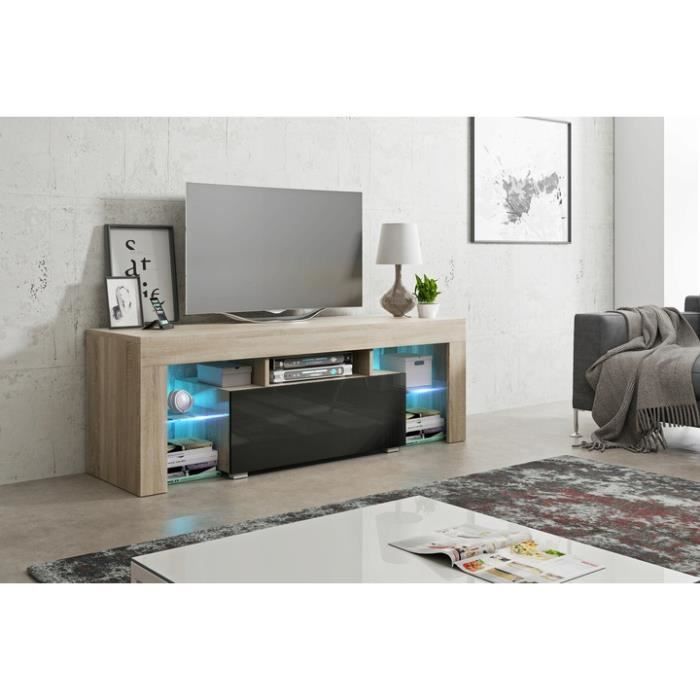 Meuble 130 cm aspect chêne sonoma / noir brillant + led