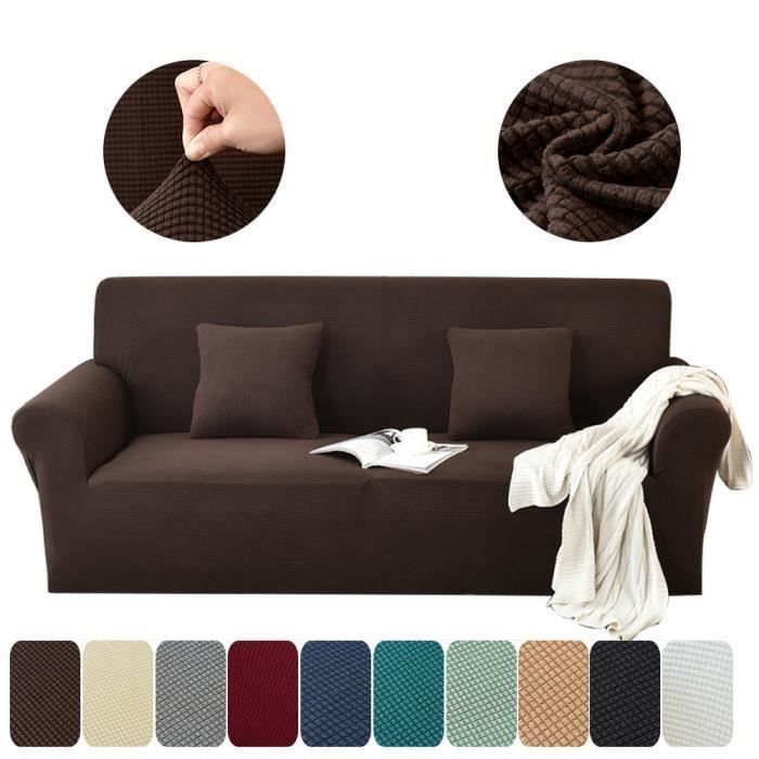 1-Pièce Jacquard Housse de Canapé Extensible, Peluche Revêtement de Canapé (de 235 à 300 cm) - 4 Place, Brun GZ63E