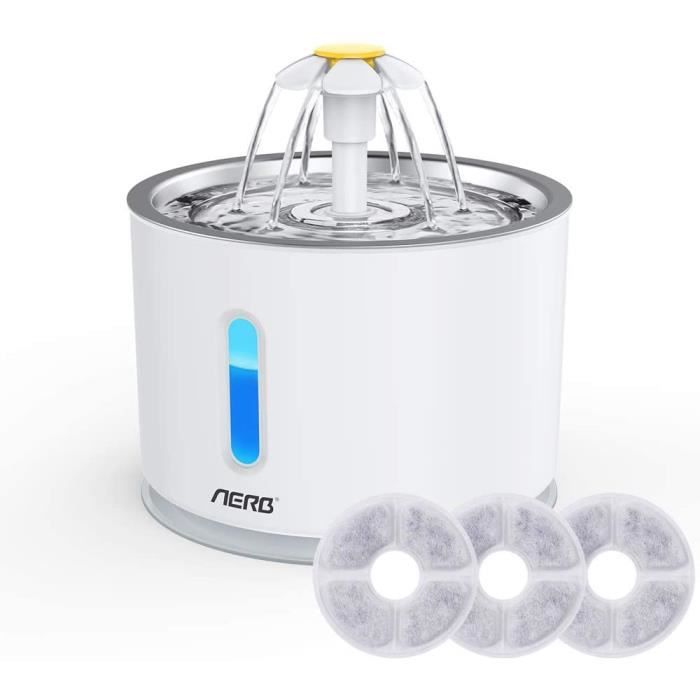 Aerb Fontaine à Eau pour Chat et Petit Chien 2.5L, Distributeur Eau pour Chat Silencieux avec 3 Filtre à Charbon Actif et Plateau en