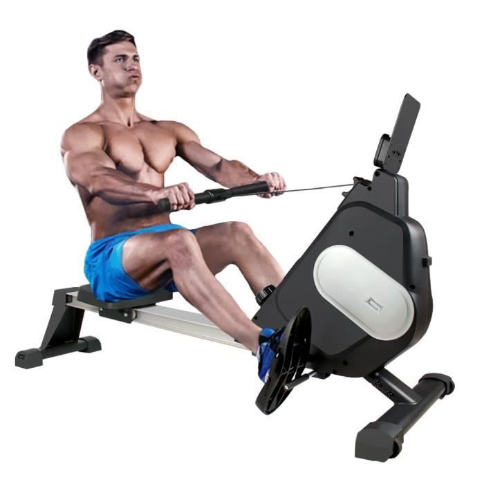 Rameur magnétique, rameur d'intérieur fitness-BIGZZIA- résistance réglable sur 16 niveaux, Rail de guidage en aluminium silencieux