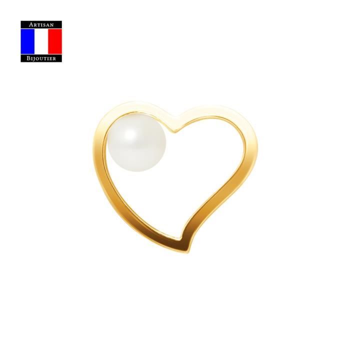 Compagnie Générale des Perles - Pendentif Coeur - Véritable Perle de Culture Ronde 6-7 mm - Or Jaune 18 Carats - Bijou Femme