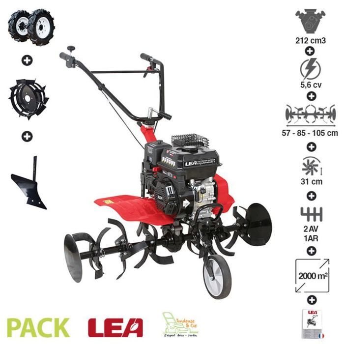 Pack motobineuse thermique 212cc avec accessoires roues charrue moyeux 2 vitesses AV 1 AR travail 75-105cm LEA LE4212-105DW
