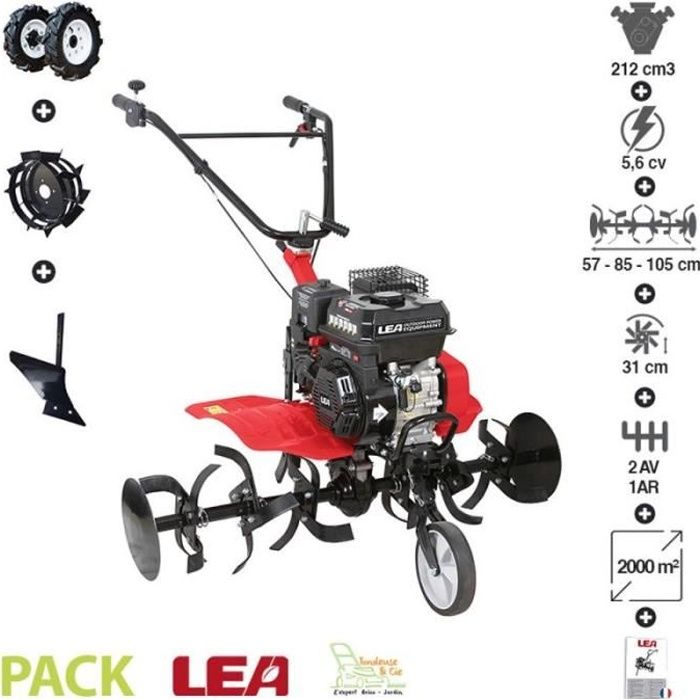 Pack motobineuse thermique 212cc avec accessoires roues charrue moyeux 2 vitesses AV 1 AR travail 75-105cm LEA LE4212-105DW