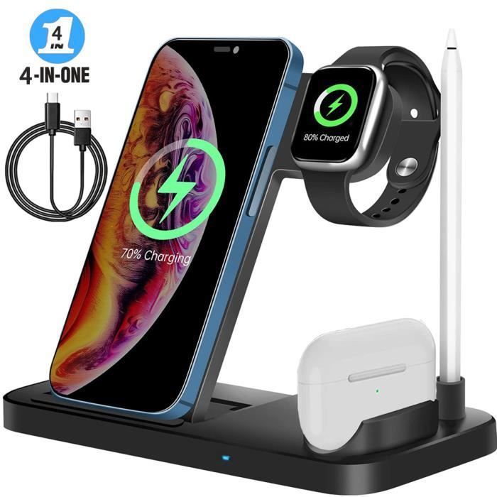 Chargeur Induction Pliable 4 en 1, Chargeur Sans Fil Portable 15W, Station de Chargement pour iPhone, iWatch, AirPods, Apple Pencil
