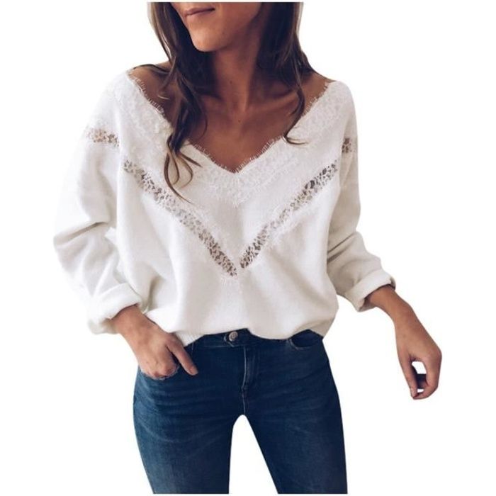 PULL,Hiver Pull femmes blanc col en V dentelle Pull automne vêtements femmes Sweter hauts pour femmes chandails Pull - Type White