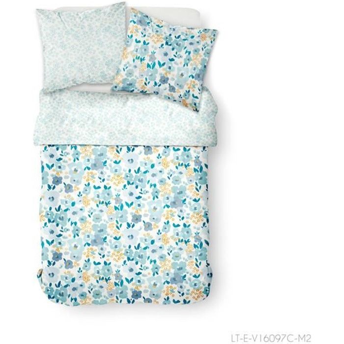 TODAY Parure de lit 2 personnes 240X260 Coton imprime bleu Floral SUNSHINE TODAY