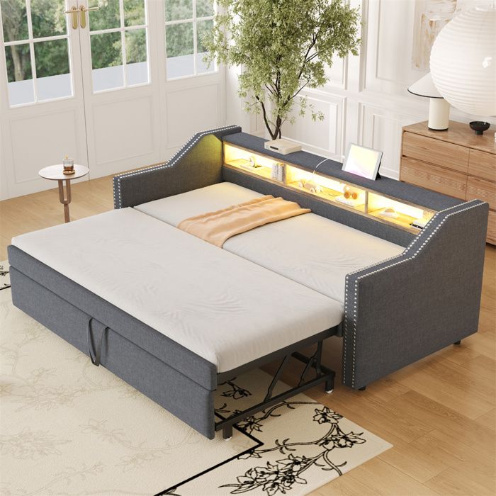 Lit Gigogne 90x190cm avec Sommier Canapé-Lit Banquette pour Adulte avec Compartiments de Rangement et LED Prise USB Gris Foncé