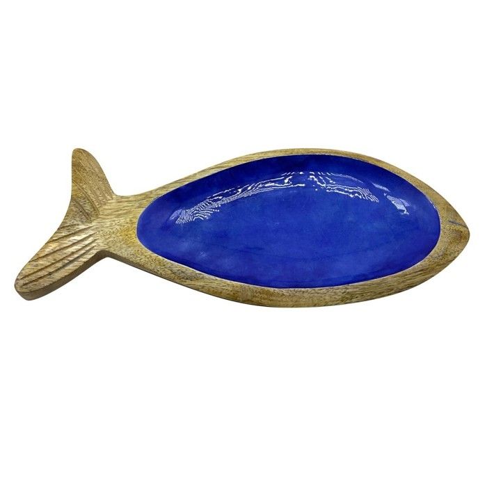 Grand Plateau Décoratif En Bois Et Métal – Forme Poisson Ovale – Fabrication Italienne