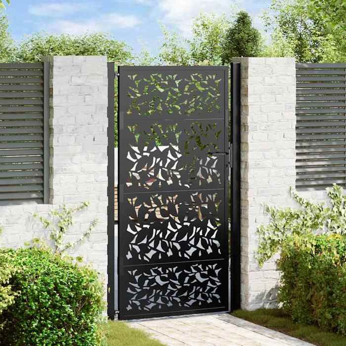 vidaXL Portail de jardin noir 105x180 cm acier conception de feuilles porte de clôture porte extérieure porte en métal 4100962