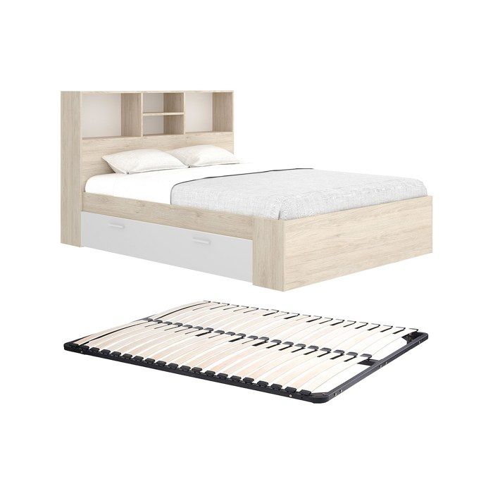 Lit 140 x 190 cm avec rangements - Coloris : Naturel et blanc + Sommier - VARDIEL Lit 140 x 190 cm avec rangements - Coloris : Naturel et blanc + Sommier - VARDIEL