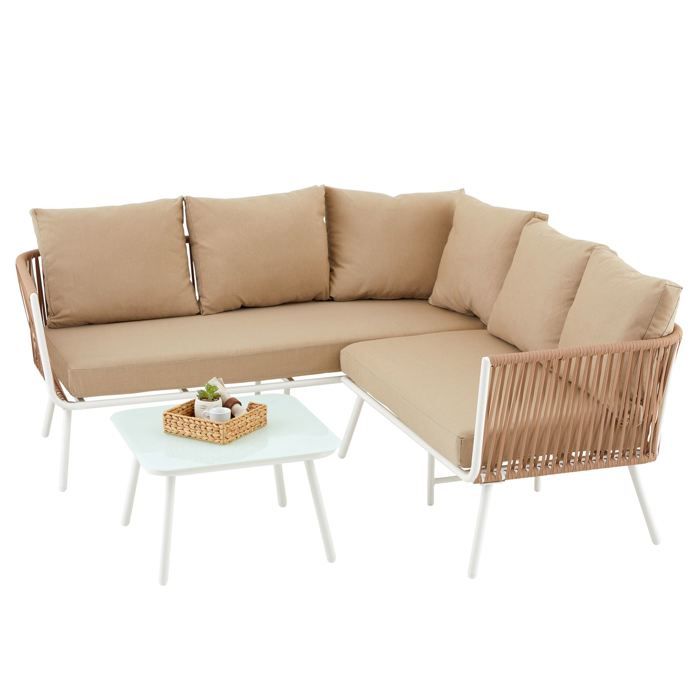 Salon de jardin JAKARTA 4 personnes coloris blanc et beige avec 1 table basse en verre et 1 canapé dextérieur Salon de jardin JAKARTA 4 personnes coloris blanc et beige avec 1 table basse en verre et 1 canapé dextérieur