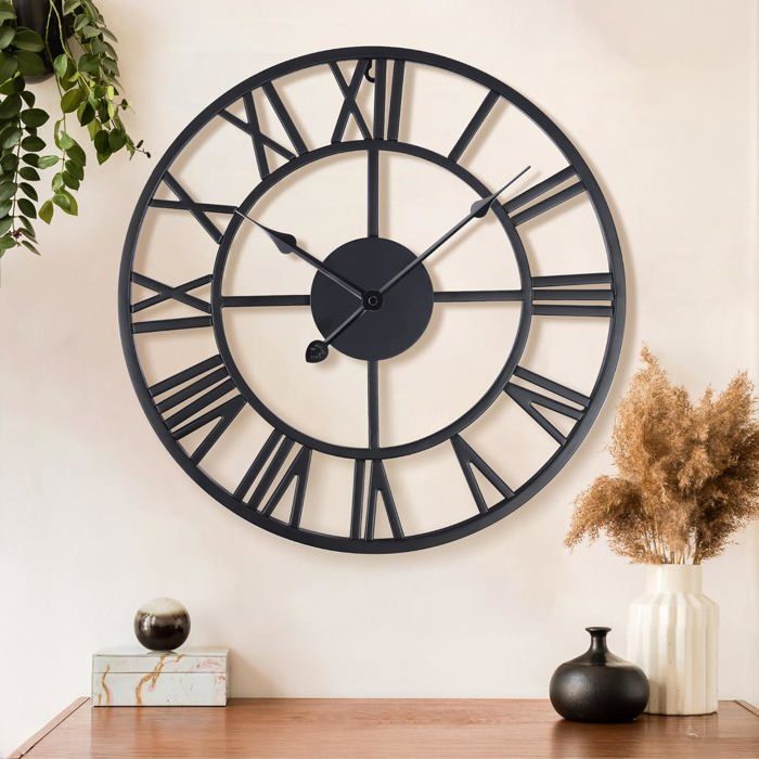 Versa Home - Zwart Metalen Wandklok 60 Cm - Industriële Zwarte Klok Wandklok Zwart