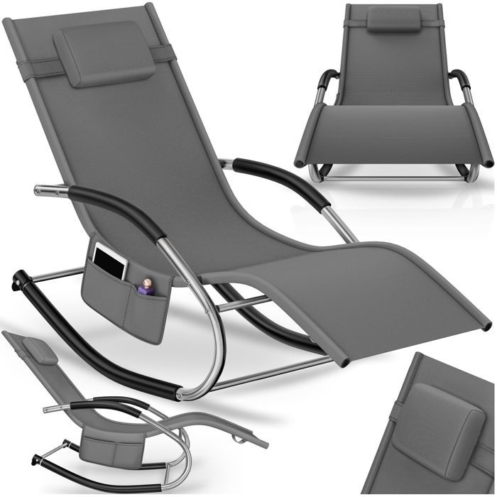 Chaise longue - TECTAKE - Transat détente de jardin TAYA ergonomique avec fonction de balancement et accoudoirs incurvés - Gris