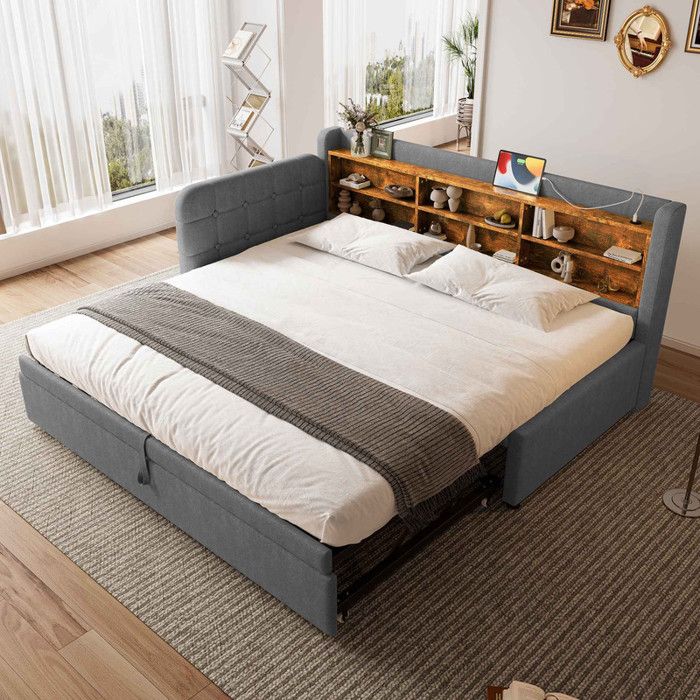 Canapé-lit gigogne 90/180x200 cm lit multifonction avec multiples rangements et ports USB + Type C sommier à lattes lin - gris