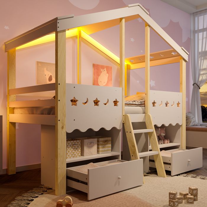 Lit mezzanine enfant - LEMONBEST - Modèle maison 90x200 - LED app programmable - 2 tiroirs - Pin/MDF blanc