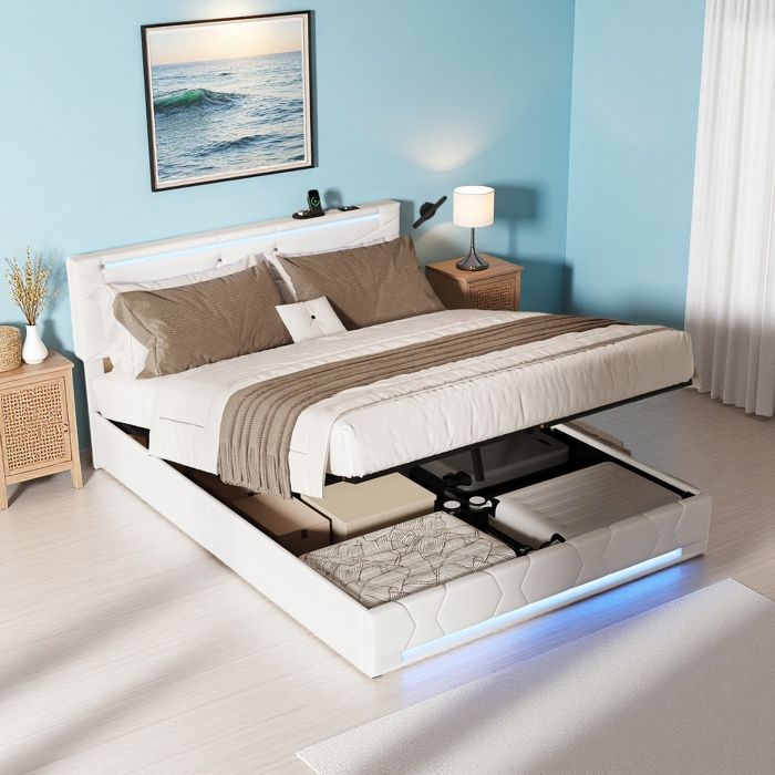 Lit coffre hydraulique - 140x200 Tissu lin beige - LED RGB - Tête réglable - Rangement pneumatique 350kg
