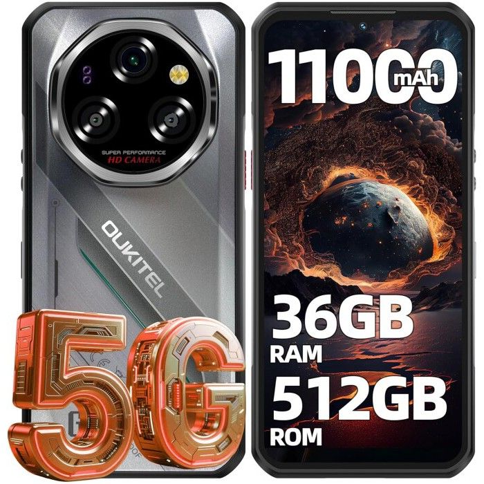 OUKITEL WP62 5G Smartphone Robuste - 36Go + 512Go - 11000mAh - FHD+ 66” - 108MP - Android 15 - NFC GPS Double SIM - Gris