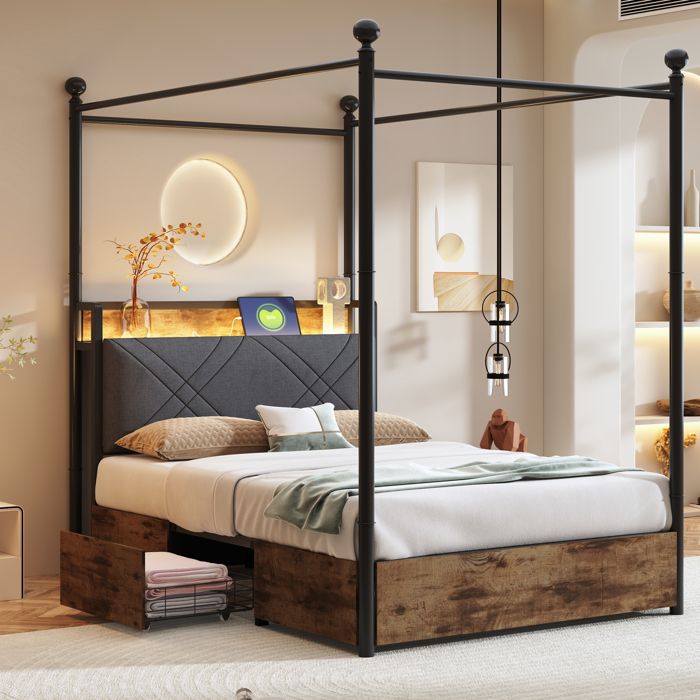Lit multifonctionnel 90 x 190 avec rangement et couverture en fer forgé avec piliers de lit amovibles avec LED et prises de