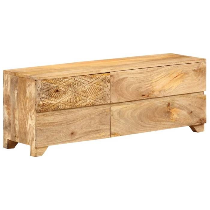Meuble TV en bois de manguier - JILL - 110x30x40 cm - Brun - 4 tiroirs - Finition blanchie - Poli peint et laqué