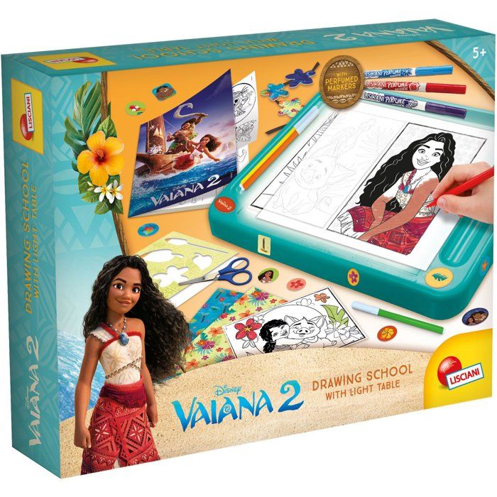 École de dessins avec table lumineuse - Vaiana 2 - LISCIANIGIOCHI - Kit Dessin - Table A4 - Pochoirs & Autocollants - Dès 5 ans