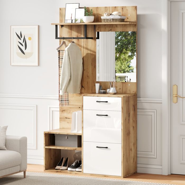 Meuble dentrée vestiaire avec miroir tiroir et 2 portes abattantes étagère à chaussures blanc et bois naturel
