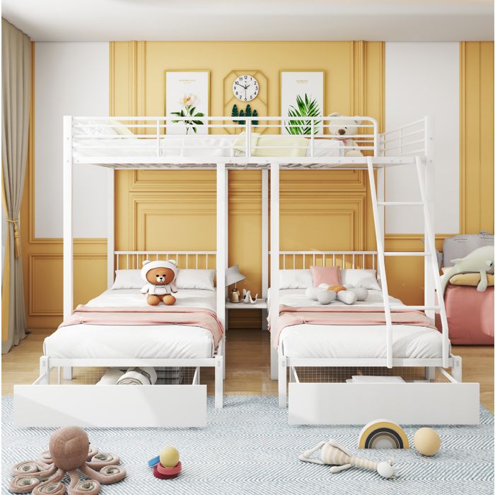 Lit superposé triple en métal blanc avec tiroirs et couchages modulables